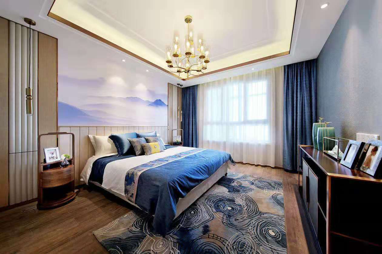 新中式风格室内装修设计效果图-星星凯旋国际三居110平米室内装修设计卧室